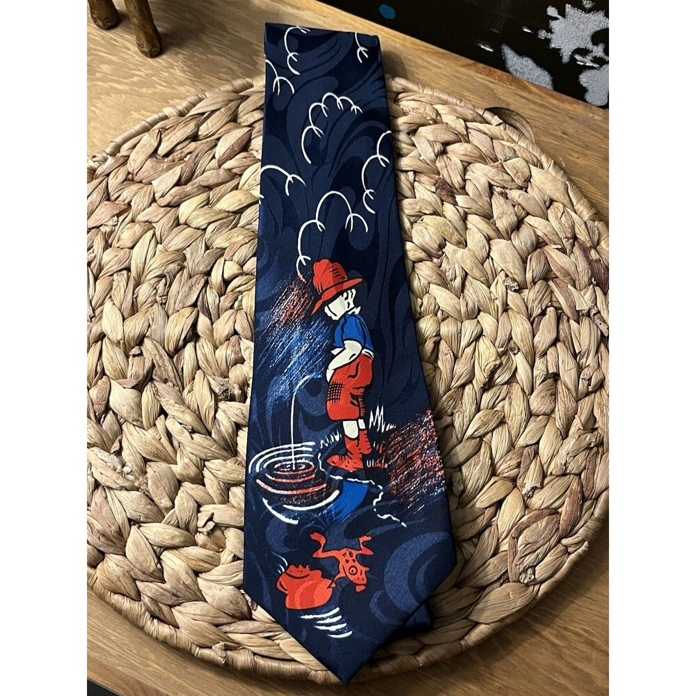 Funny Men's neck tie of boy fishing and peeing in the water
